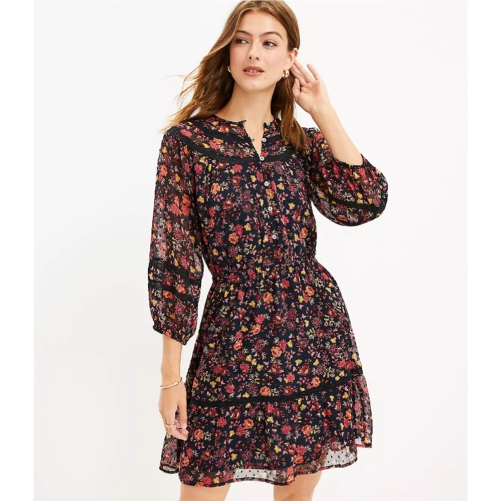LOFT Black Floral Long Sleeve Dress